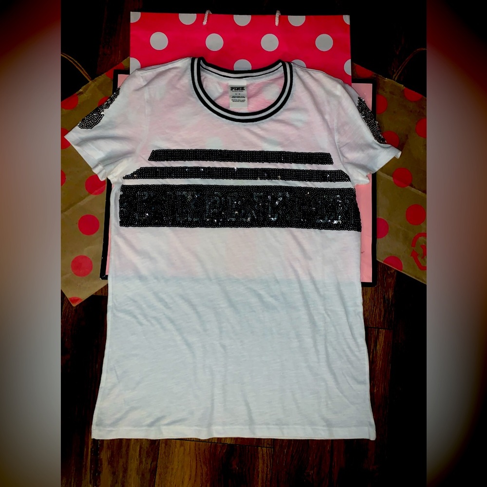 VS PINK Size SMALL Bling Logo Short Sleeve T-Shirt.